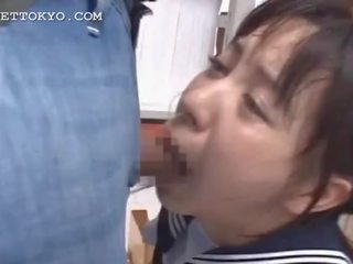 Brunette asia mouth fucked hard in school library